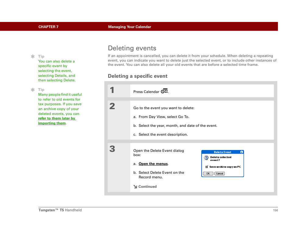 Deleting events, Deleting a specific event | Palm Tungsten T5 User Manual | Page 178 / 675