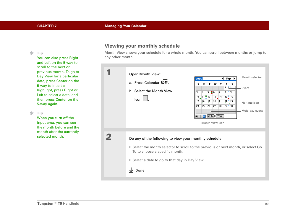 Viewing your monthly schedule | Palm Tungsten T5 User Manual | Page 186 / 675