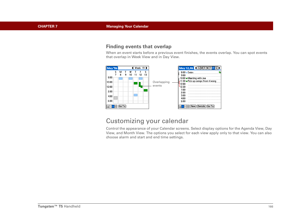 Finding events that overlap, Customizing your calendar | Palm Tungsten T5 User Manual | Page 188 / 675