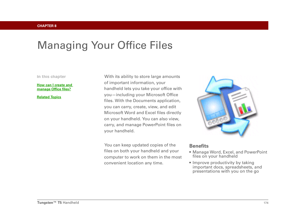Managing your office files, Benefits, Chapter 8: managing your office files | Palm Tungsten T5 User Manual | Page 196 / 675