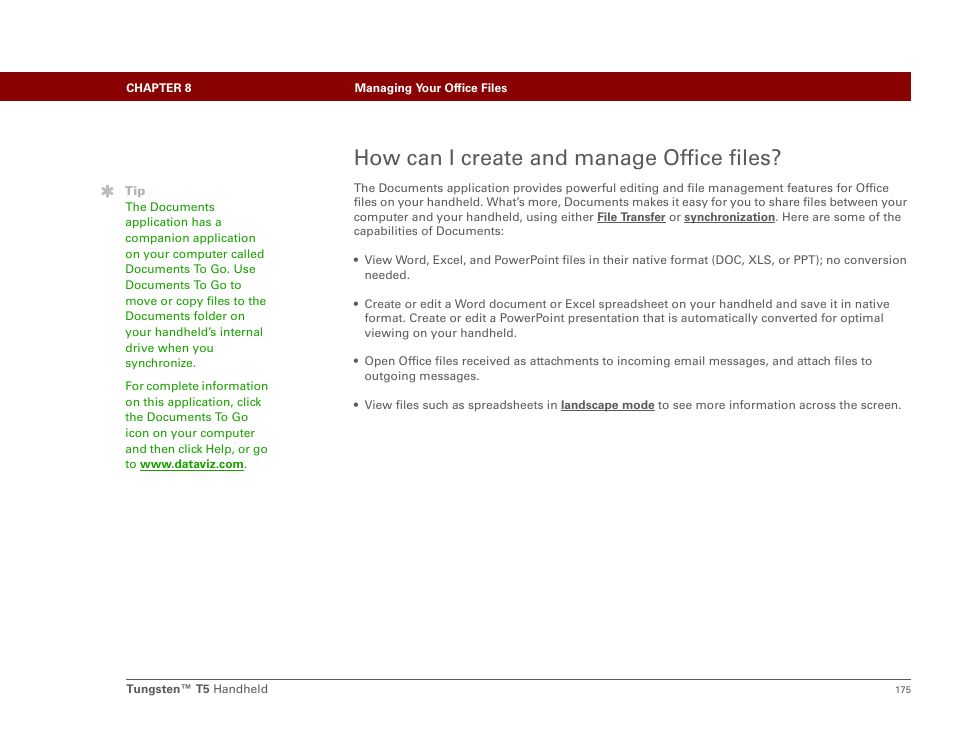 How can i create and manage office files | Palm Tungsten T5 User Manual | Page 197 / 675