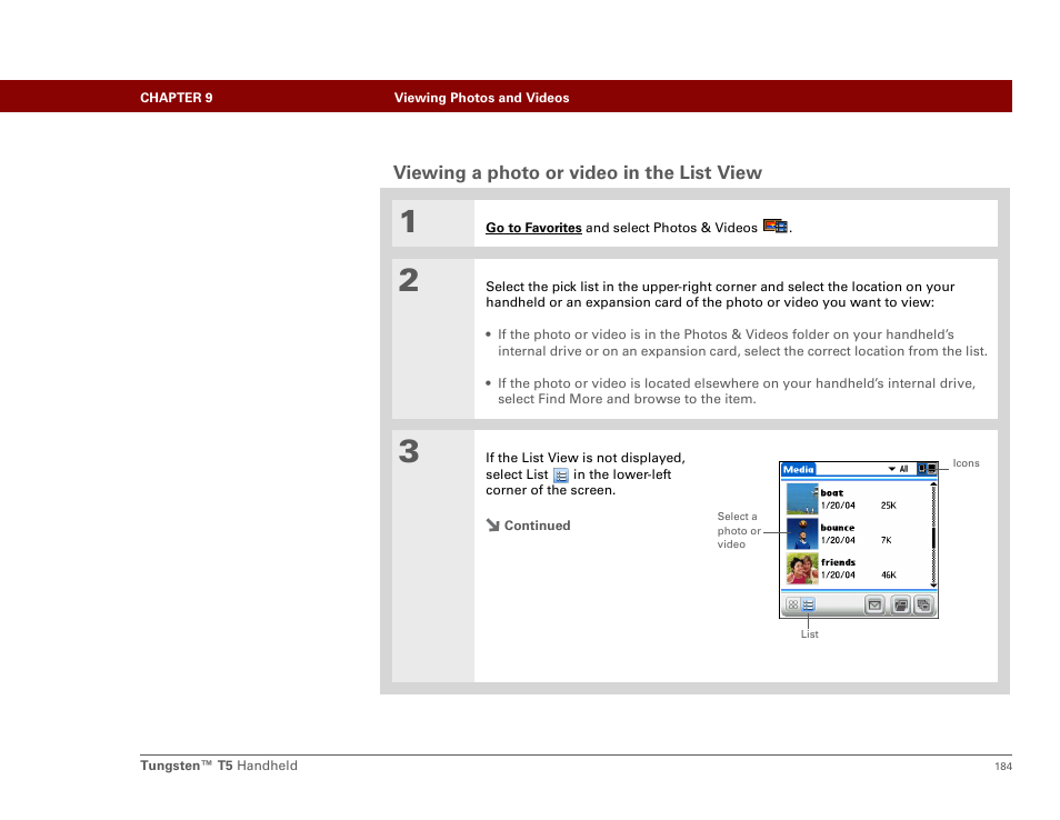 Viewing a photo or video in the list view | Palm Tungsten T5 User Manual | Page 206 / 675