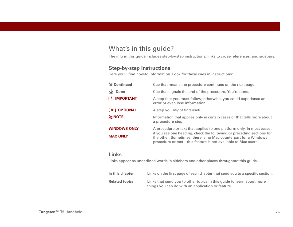 What’s in this guide, Step-by-step instructions, Links | Palm Tungsten T5 User Manual | Page 21 / 675