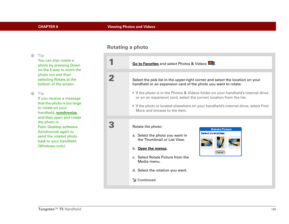 Rotating a photo | Palm Tungsten T5 User Manual | Page 210 / 675