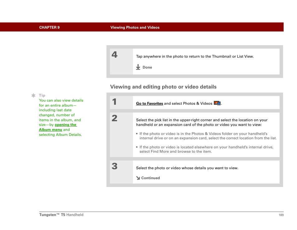 Viewing and editing photo or video details | Palm Tungsten T5 User Manual | Page 211 / 675