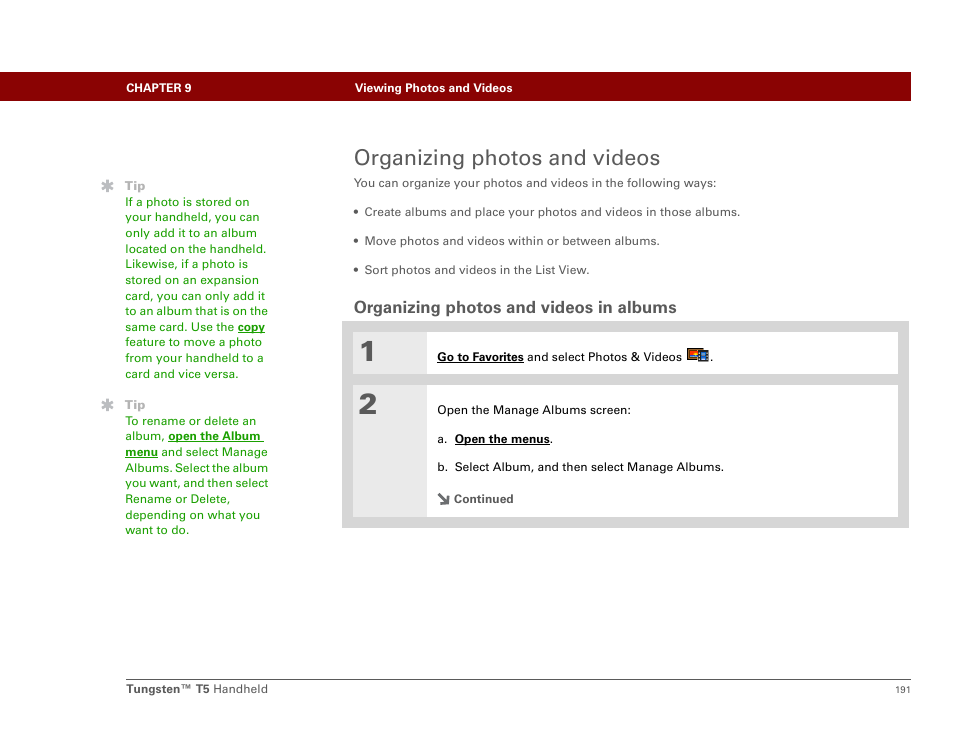 Organizing photos and videos, Organizing photos and videos in albums | Palm Tungsten T5 User Manual | Page 213 / 675