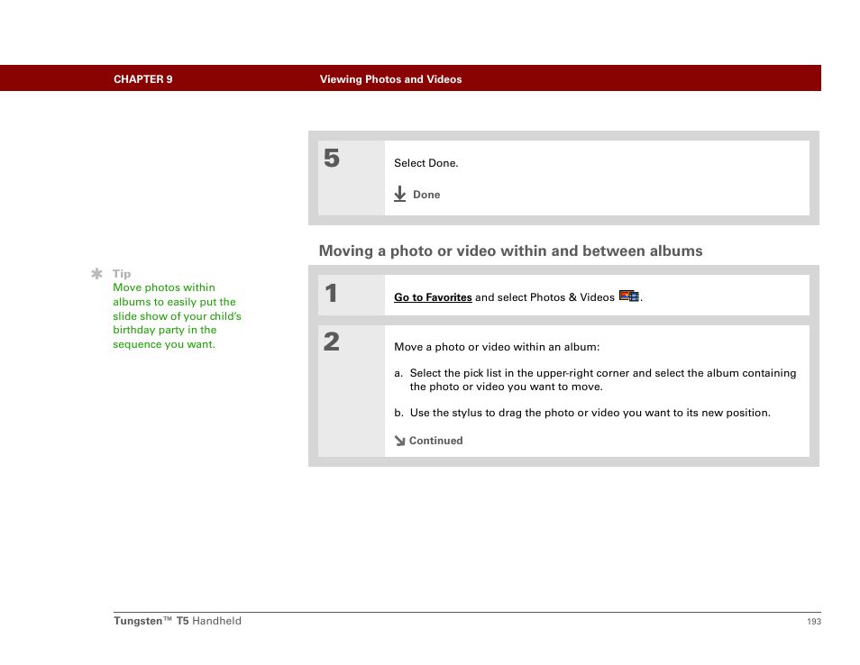 Moving a photo or video within and between albums | Palm Tungsten T5 User Manual | Page 215 / 675