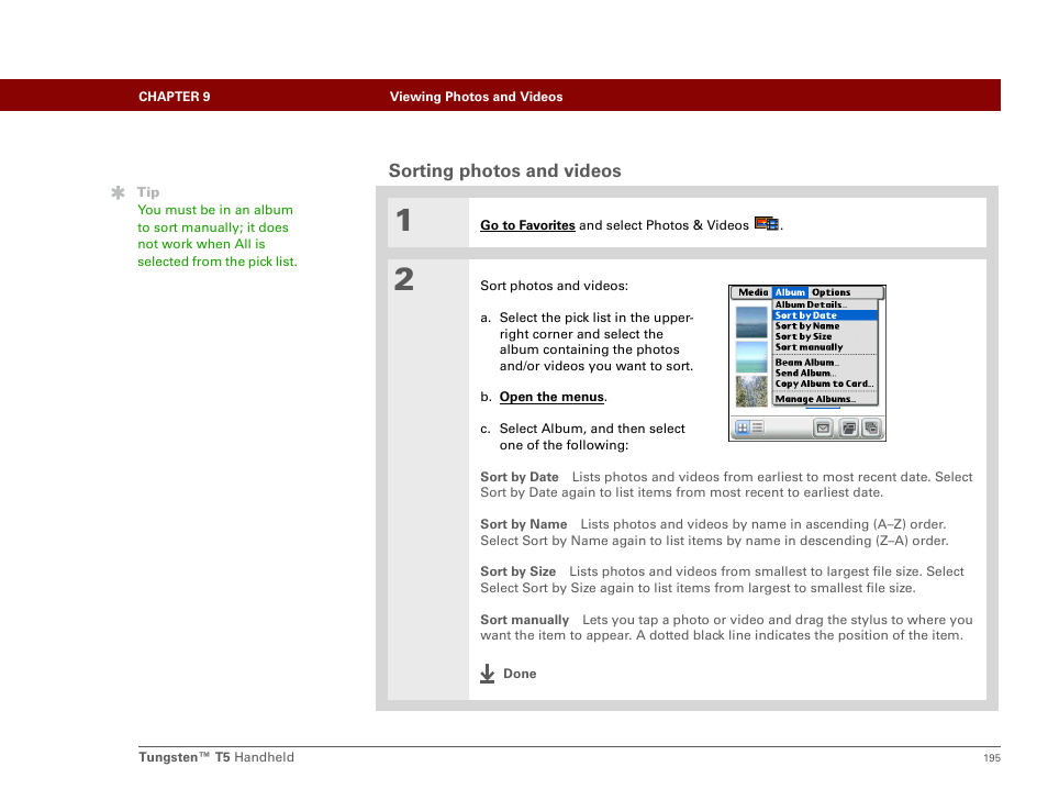 Sorting photos and videos | Palm Tungsten T5 User Manual | Page 217 / 675