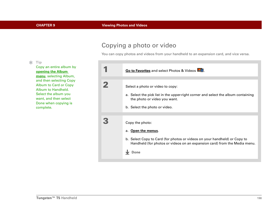 Copying a photo or video, E the copy | Palm Tungsten T5 User Manual | Page 220 / 675