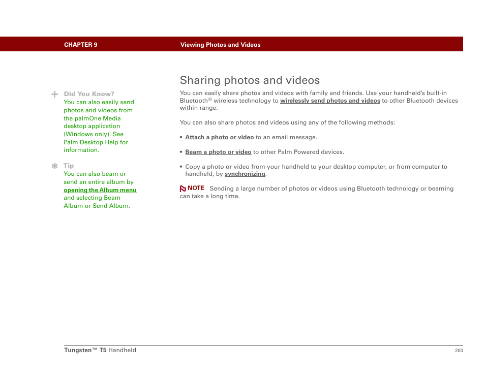 Sharing photos and videos | Palm Tungsten T5 User Manual | Page 222 / 675