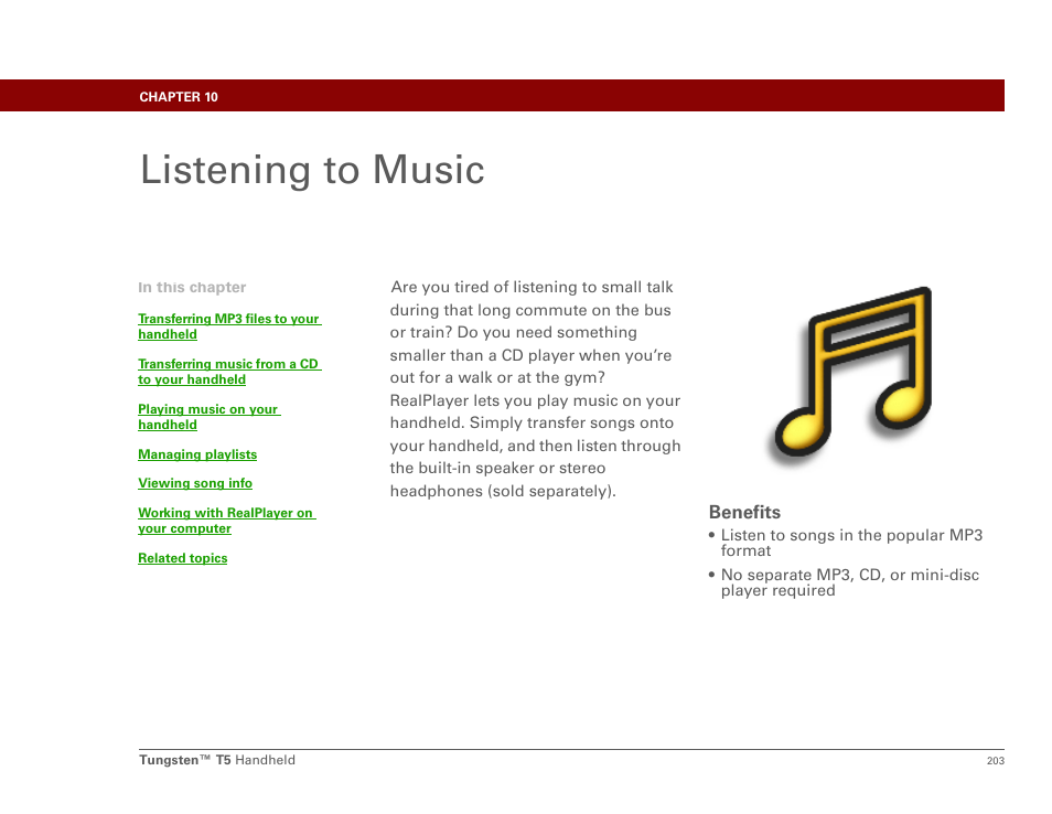 Listening to music, Chapter 10: listening to music, Music or | E realplayer desktop, Application, Realplayer | Palm Tungsten T5 User Manual | Page 225 / 675