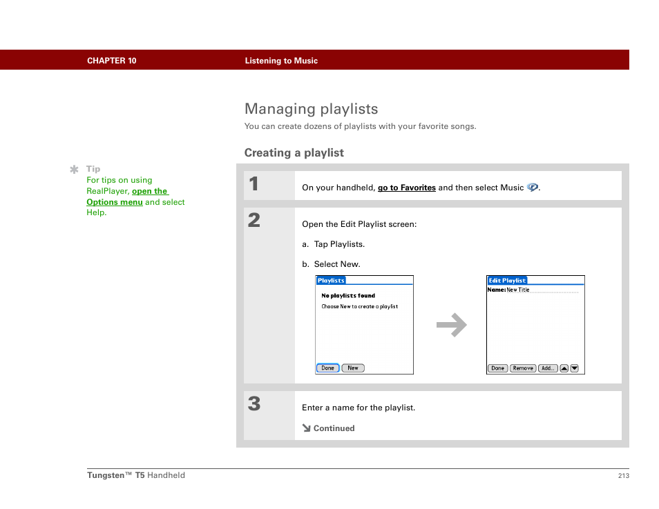 Managing playlists, Creating a playlist | Palm Tungsten T5 User Manual | Page 235 / 675