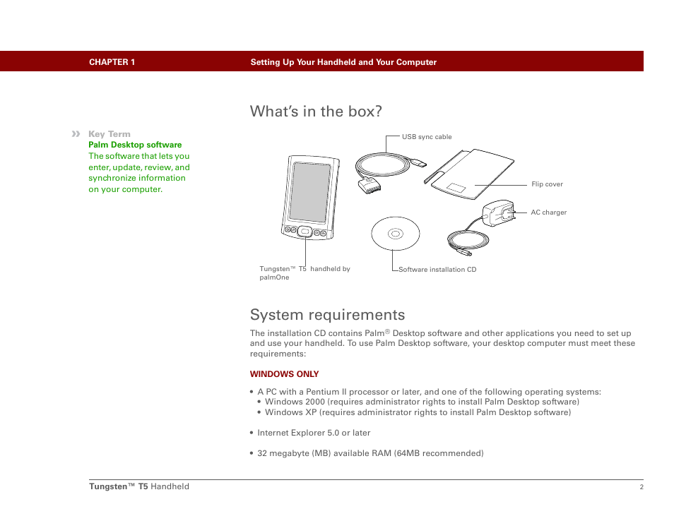 What’s in the box, System requirements, What’s in the box? system requirements | Palm Tungsten T5 User Manual | Page 24 / 675