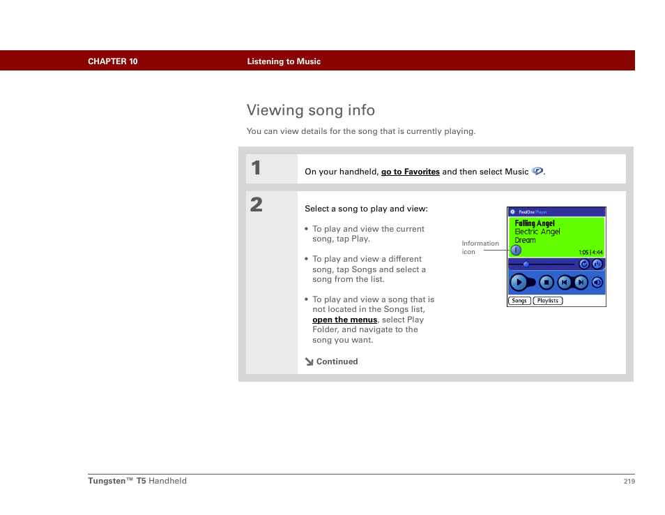 Viewing song info | Palm Tungsten T5 User Manual | Page 241 / 675