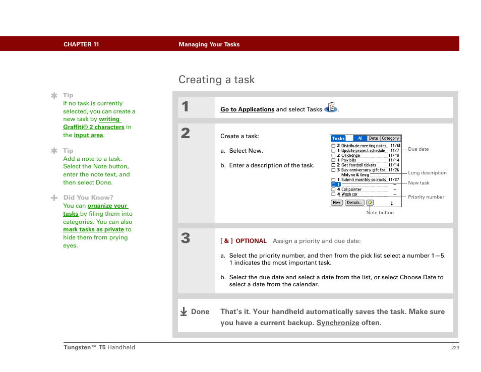 Creating a task | Palm Tungsten T5 User Manual | Page 245 / 675