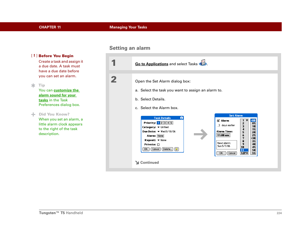Setting an alarm | Palm Tungsten T5 User Manual | Page 246 / 675
