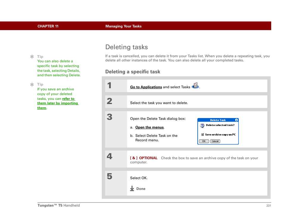 Deleting tasks, Deleting a specific task | Palm Tungsten T5 User Manual | Page 253 / 675