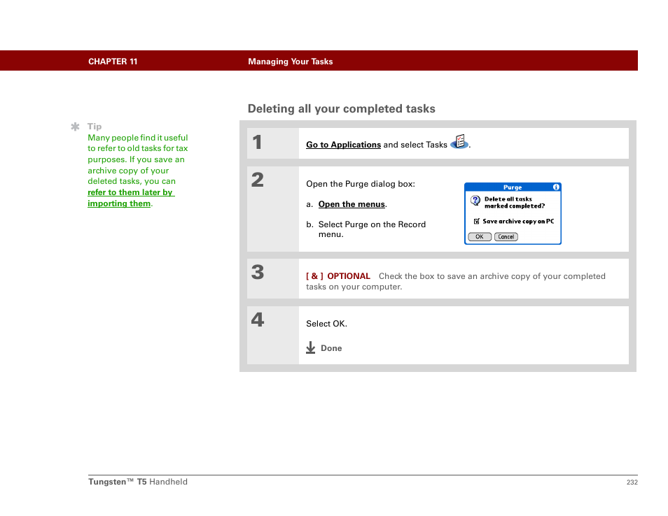 Deleting all your completed tasks | Palm Tungsten T5 User Manual | Page 254 / 675