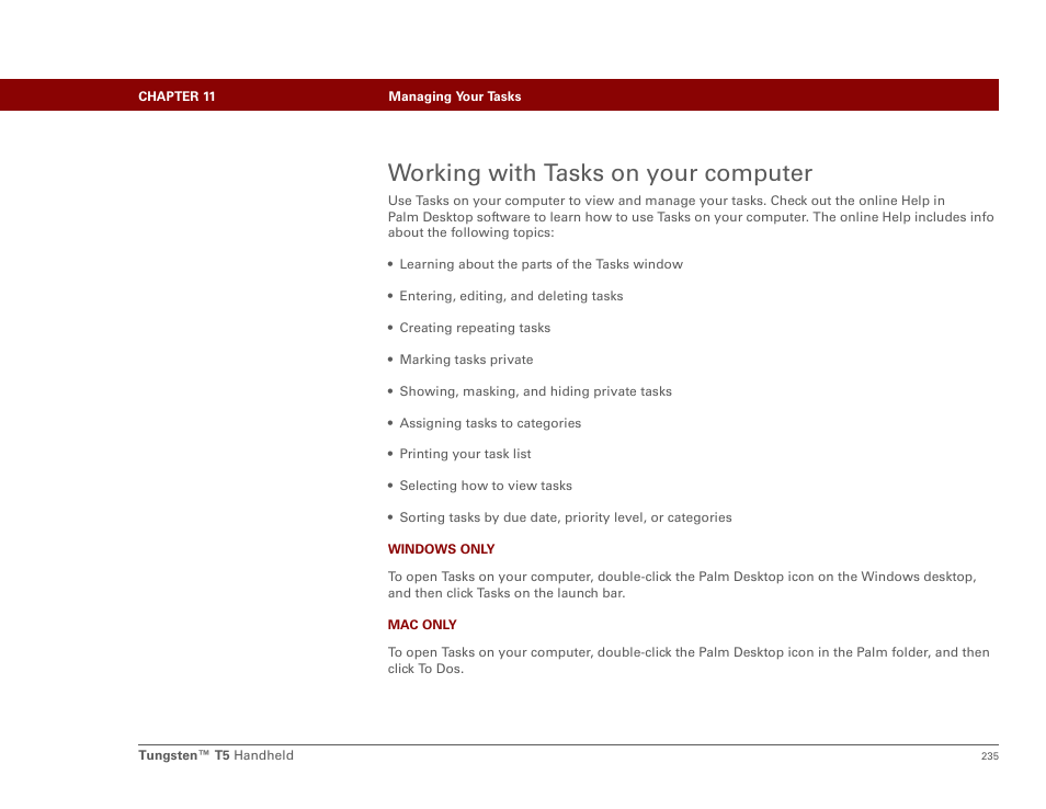 Working with tasks on your computer | Palm Tungsten T5 User Manual | Page 257 / 675