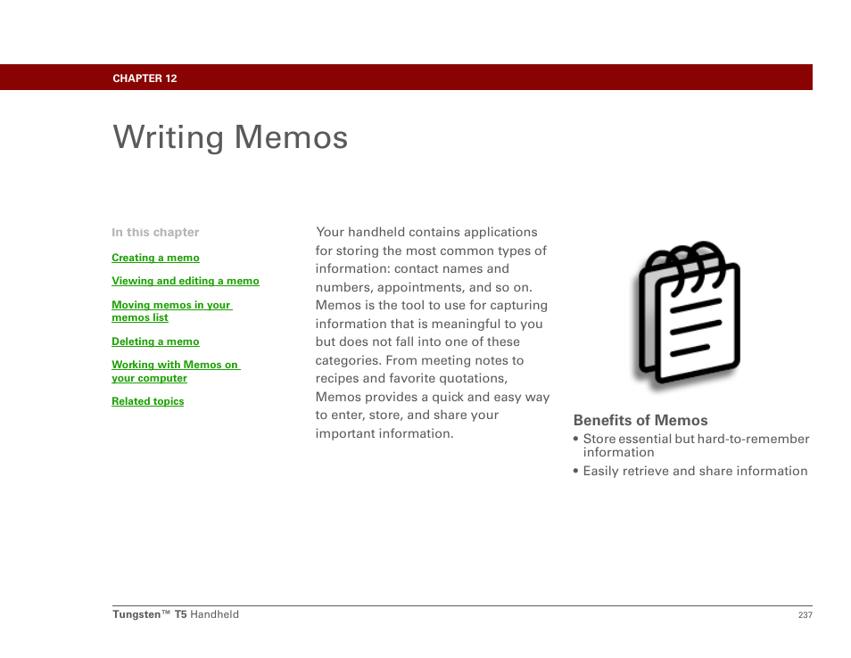 Writing memos, Chapter 12: writing memos | Palm Tungsten T5 User Manual | Page 259 / 675