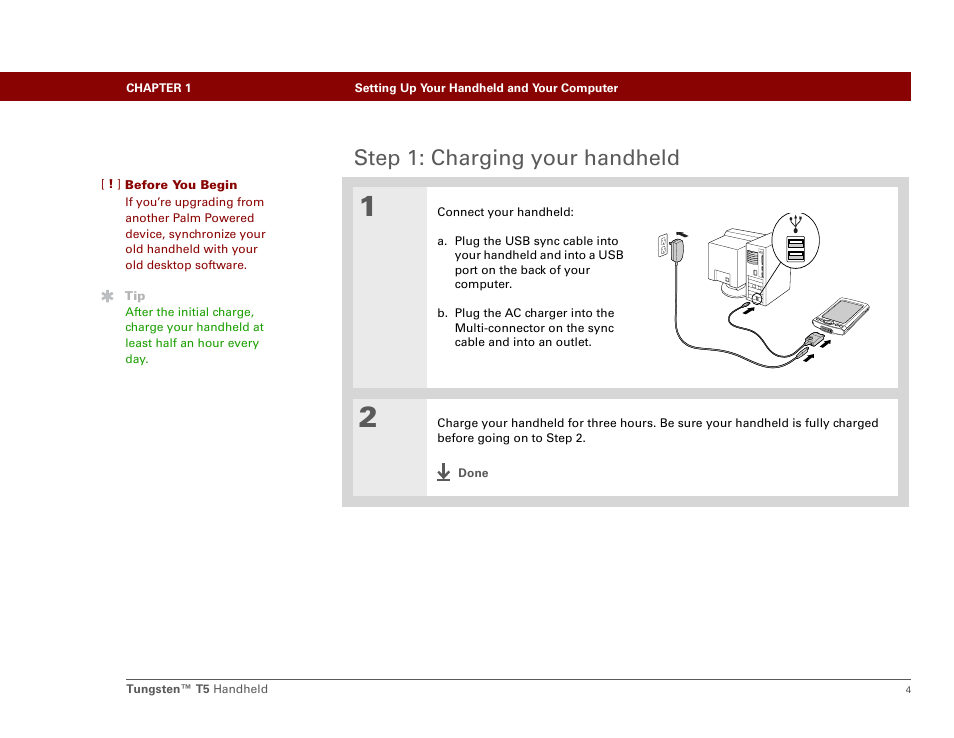 Step 1: charging your handheld | Palm Tungsten T5 User Manual | Page 26 / 675