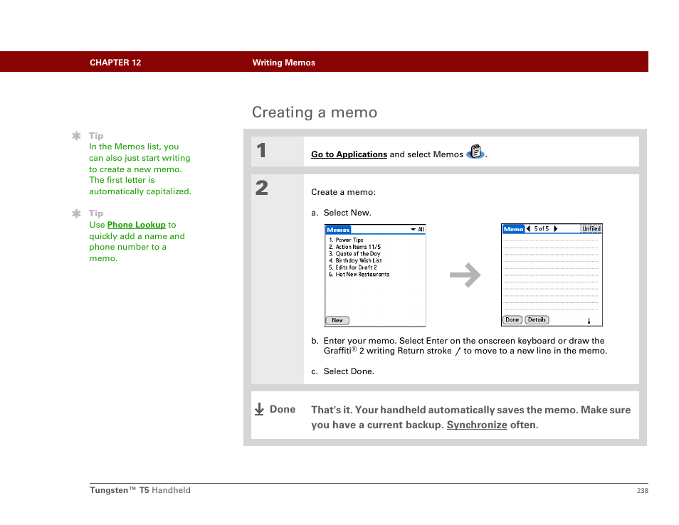 Creating a memo | Palm Tungsten T5 User Manual | Page 260 / 675