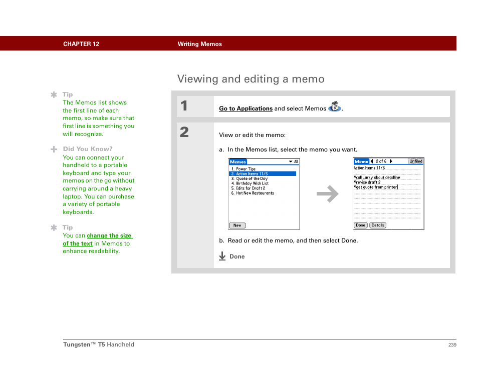 Viewing and editing a memo | Palm Tungsten T5 User Manual | Page 261 / 675