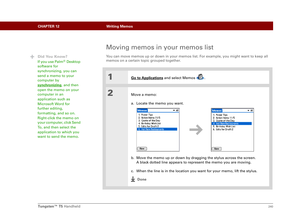 Moving memos in your memos list | Palm Tungsten T5 User Manual | Page 262 / 675