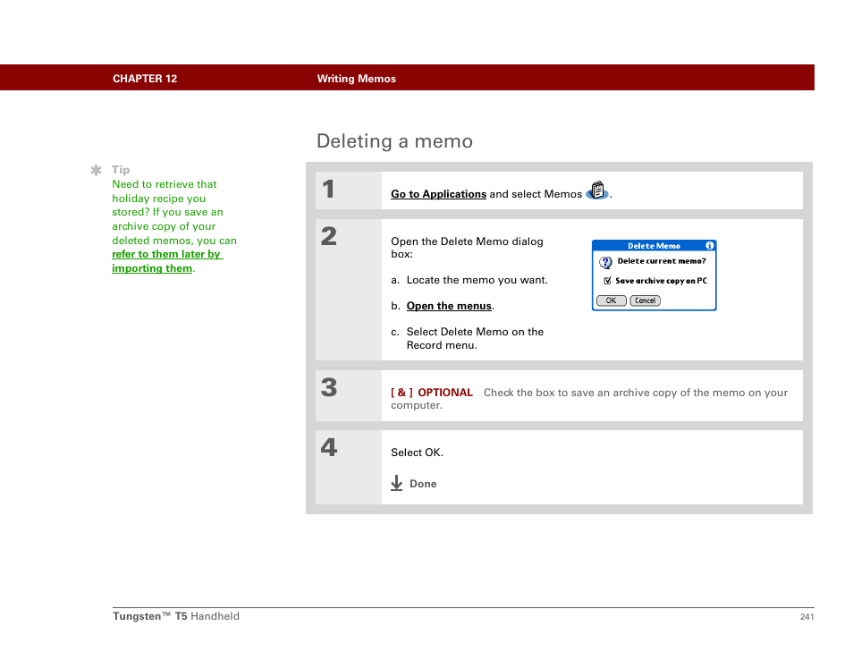 Deleting a memo | Palm Tungsten T5 User Manual | Page 263 / 675