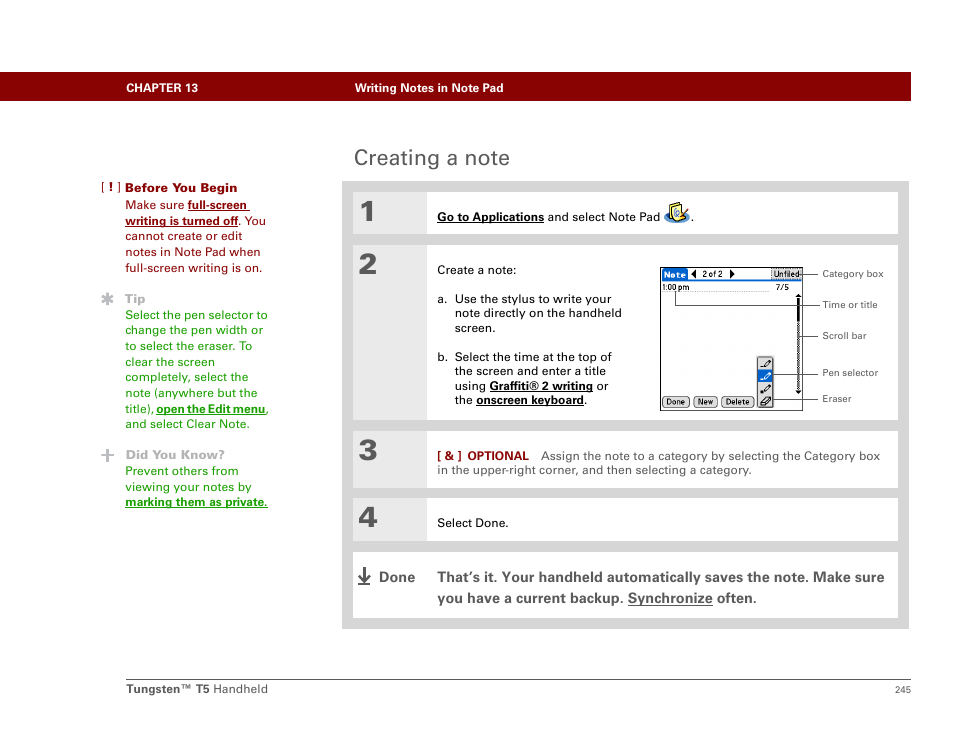 Creating a note | Palm Tungsten T5 User Manual | Page 267 / 675