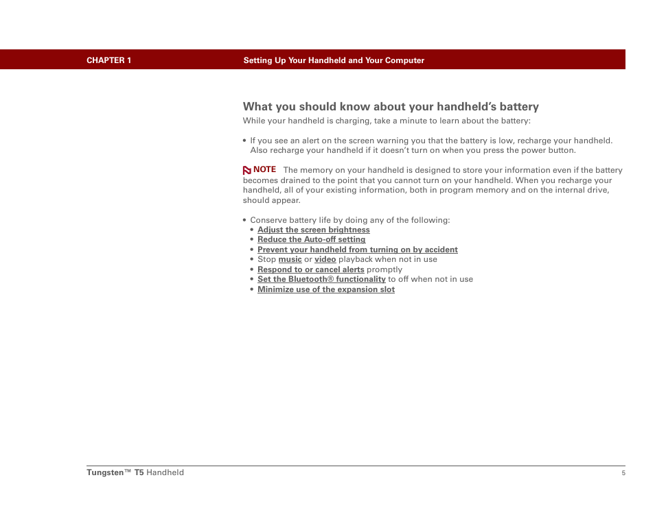 What you should know about your handheld’s battery | Palm Tungsten T5 User Manual | Page 27 / 675