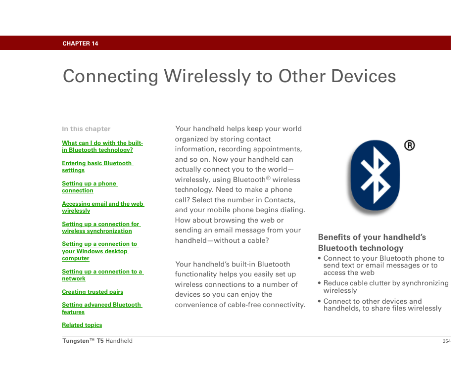 Connecting wirelessly to other devices, Chapter 14: connecting wirelessly to other devices, Set the bluetooth® functionality to of | Bluetooth, Bluetooth® wireless technology, Set up a phone connection, Wirelessly send photos and videos | Palm Tungsten T5 User Manual | Page 276 / 675