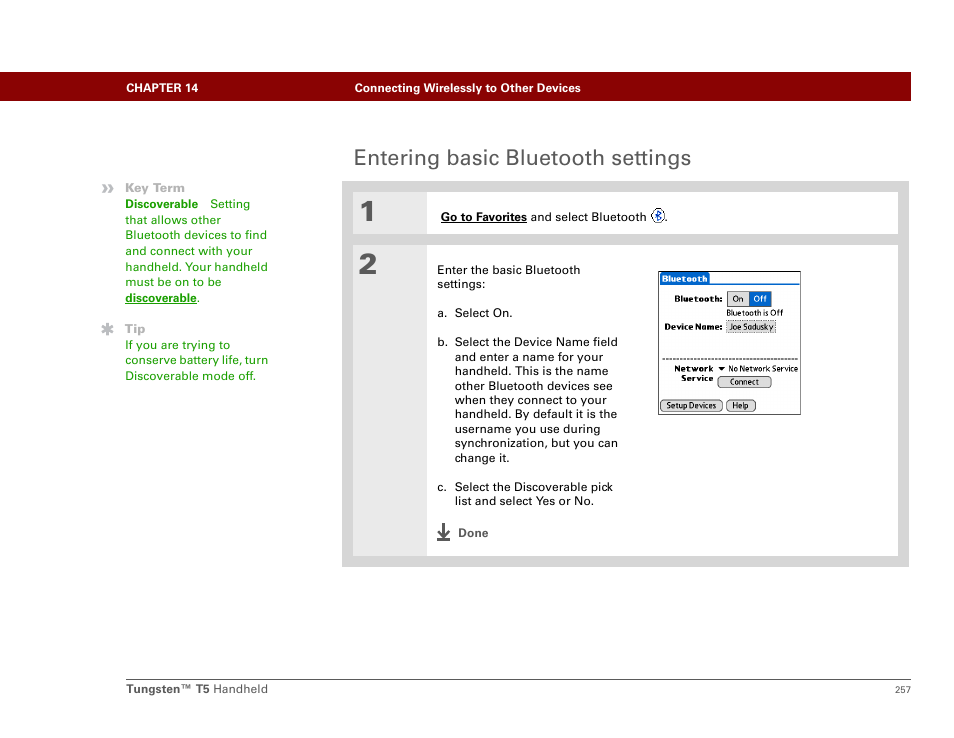 Entering basic bluetooth settings | Palm Tungsten T5 User Manual | Page 279 / 675