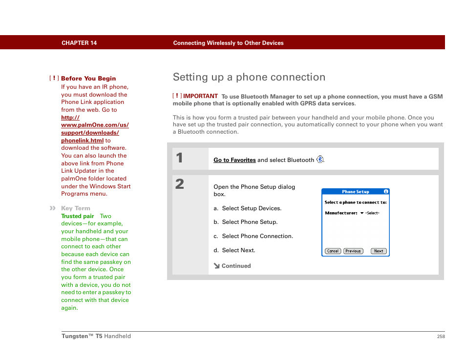 Setting up a phone connection, Phone link updater | Palm Tungsten T5 User Manual | Page 280 / 675