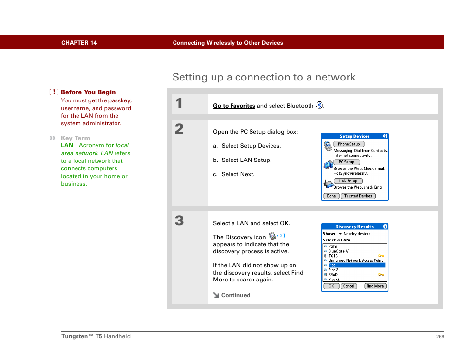 Setting up a connection to a network | Palm Tungsten T5 User Manual | Page 291 / 675
