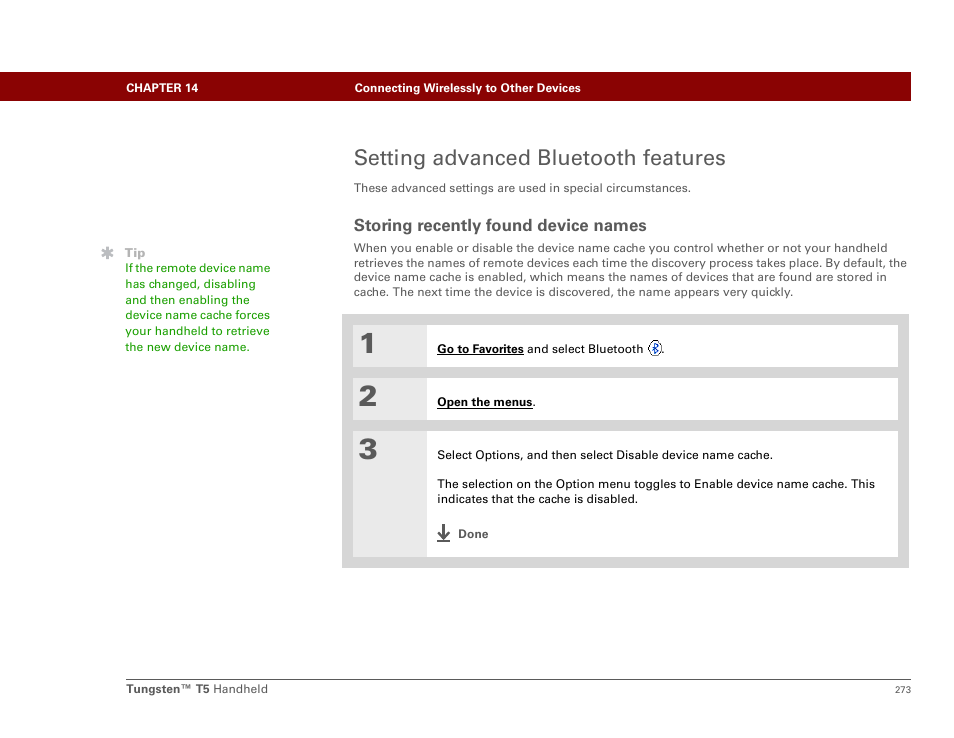 Setting advanced bluetooth features, Storing recently found device names | Palm Tungsten T5 User Manual | Page 295 / 675