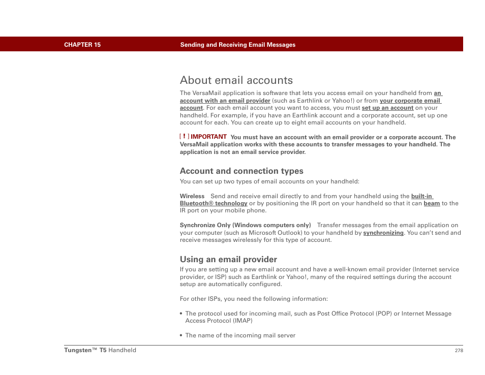 About email accounts, Account and connection types, Using an email provider | Palm Tungsten T5 User Manual | Page 300 / 675