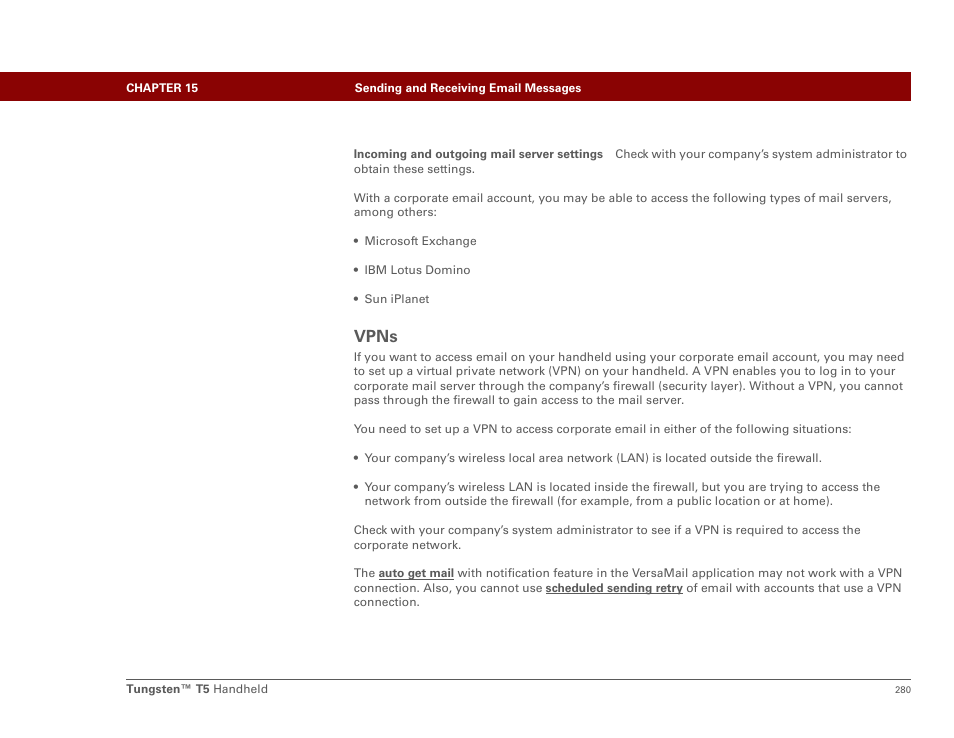 Vpns, Rtual private network | Palm Tungsten T5 User Manual | Page 302 / 675