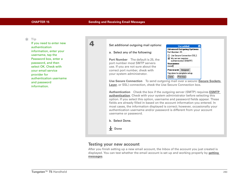 Testing your new account | Palm Tungsten T5 User Manual | Page 312 / 675