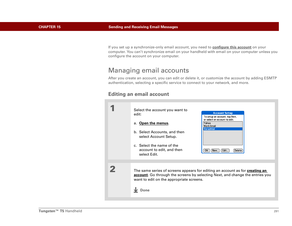 Managing email accounts, Editing an email account | Palm Tungsten T5 User Manual | Page 313 / 675