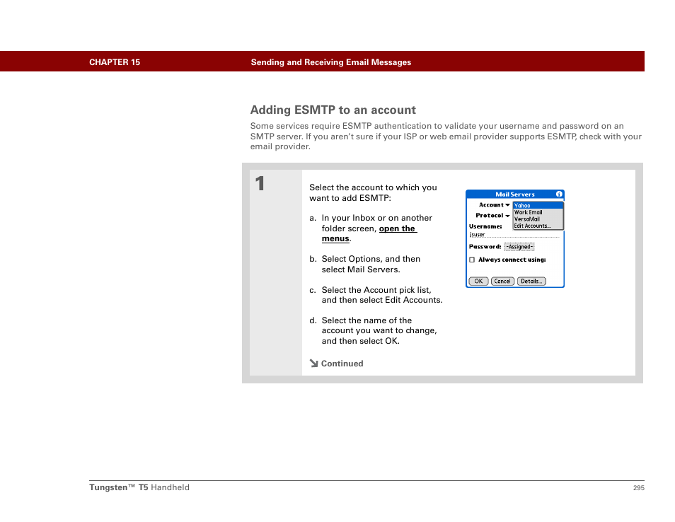 Adding esmtp to an account, Or extended simple mail transfer protocol, Quires esmtp | Authentication . chec | Palm Tungsten T5 User Manual | Page 317 / 675