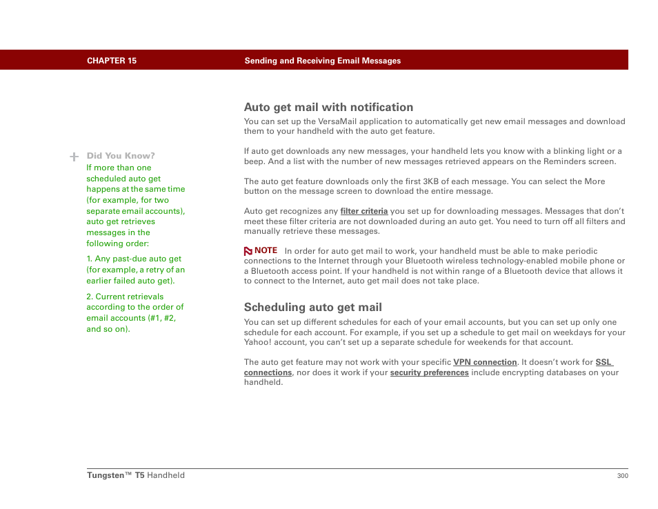 Auto get mail with notification, Scheduling auto get mail | Palm Tungsten T5 User Manual | Page 322 / 675