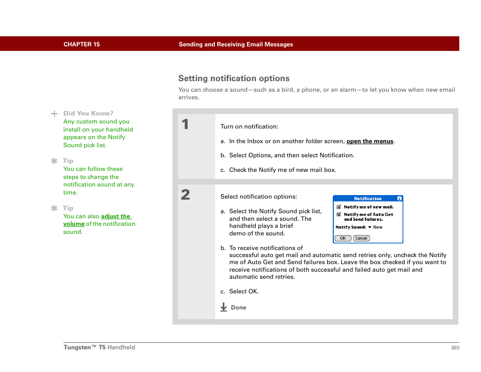 Setting notification options | Palm Tungsten T5 User Manual | Page 325 / 675