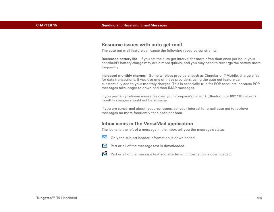 Resource issues with auto get mail, Inbox icons in the versamail application | Palm Tungsten T5 User Manual | Page 328 / 675