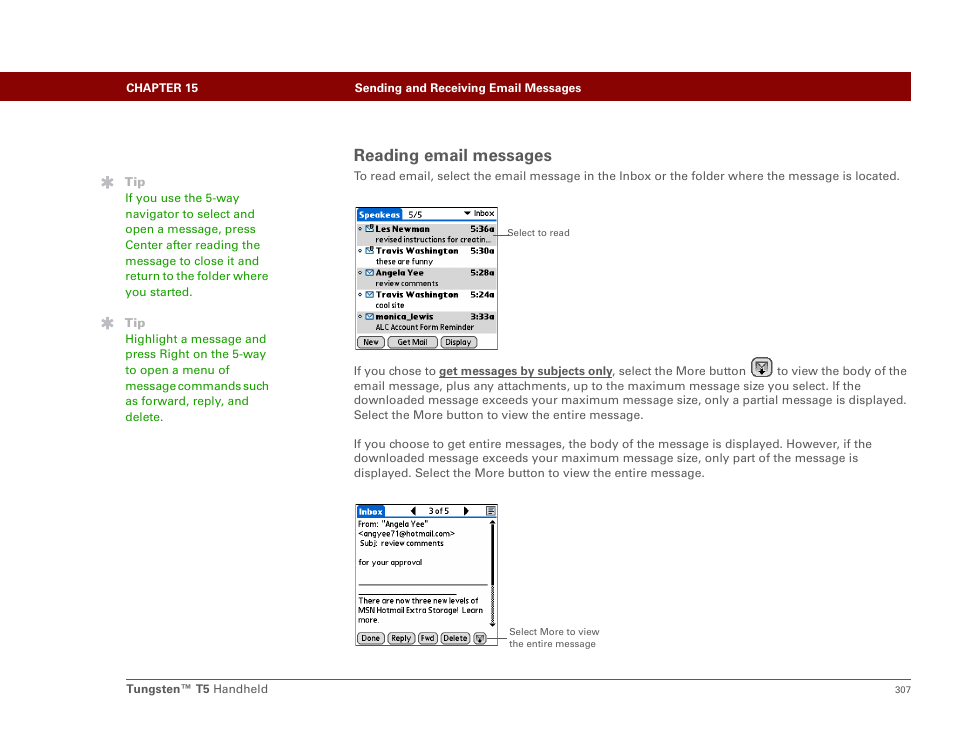 Reading email messages | Palm Tungsten T5 User Manual | Page 329 / 675