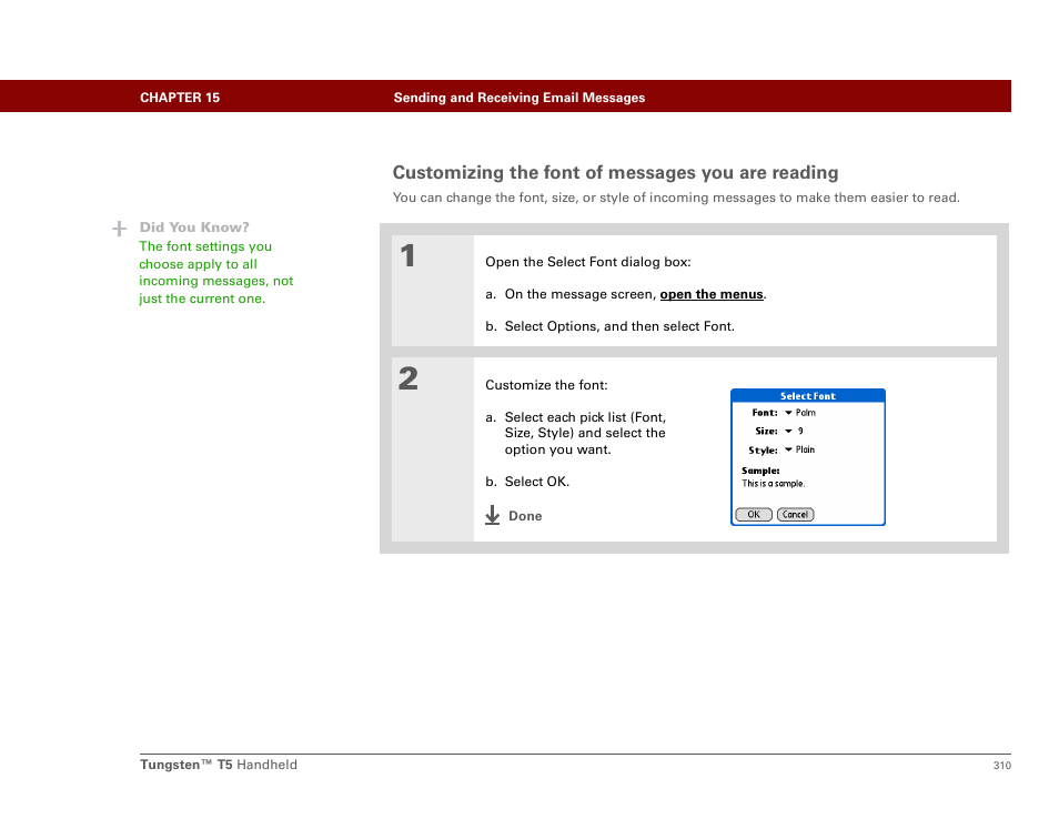 Customizing the font of messages you are reading | Palm Tungsten T5 User Manual | Page 332 / 675