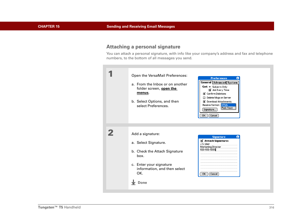 Attaching a personal signature | Palm Tungsten T5 User Manual | Page 338 / 675