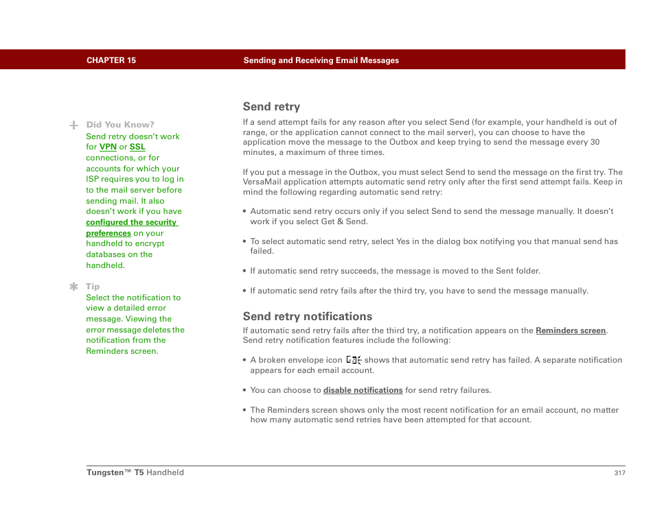 Send retry, Send retry notifications, Send retry send retry notifications | Automatically try resending an | Palm Tungsten T5 User Manual | Page 339 / 675