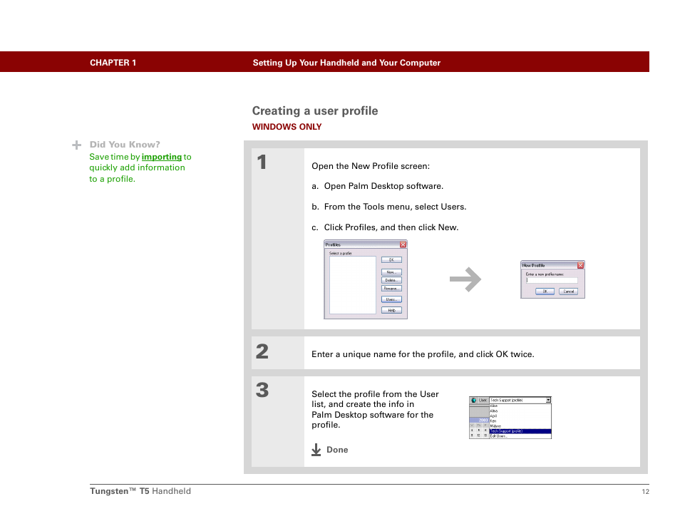 Creating a user profile | Palm Tungsten T5 User Manual | Page 34 / 675