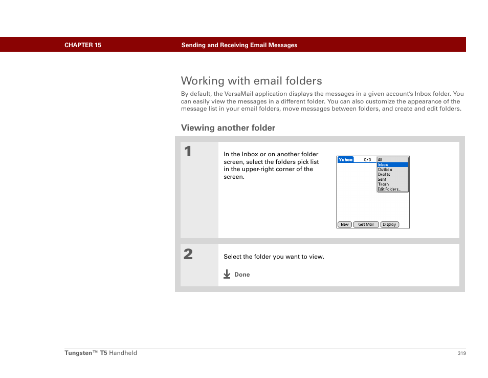 Working with email folders, Viewing another folder | Palm Tungsten T5 User Manual | Page 341 / 675